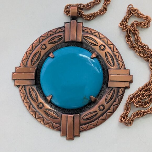 Vintage SOLID COPPER Southwestern Tribal Large Pendant Necklace - Picture 3 of 6
